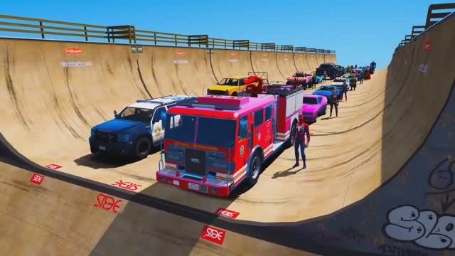 SpiderMan and fire truck Cars Сhallenge Superheroes GTAV !Человек-паук и Пожарный автомобиль