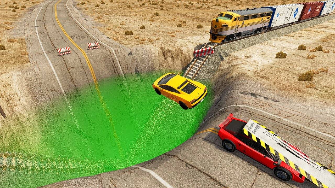 Автомобили против огромной кислотной ямы и поездов😱|BeamNG.Drive|Бемиджи Драйв