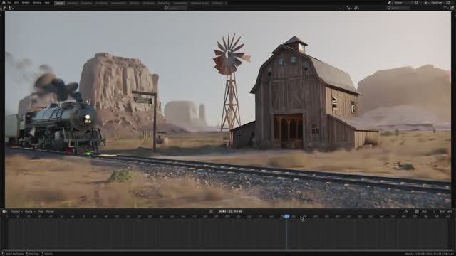 Создание реалистичной анимации западного поезда в Blender 4.4