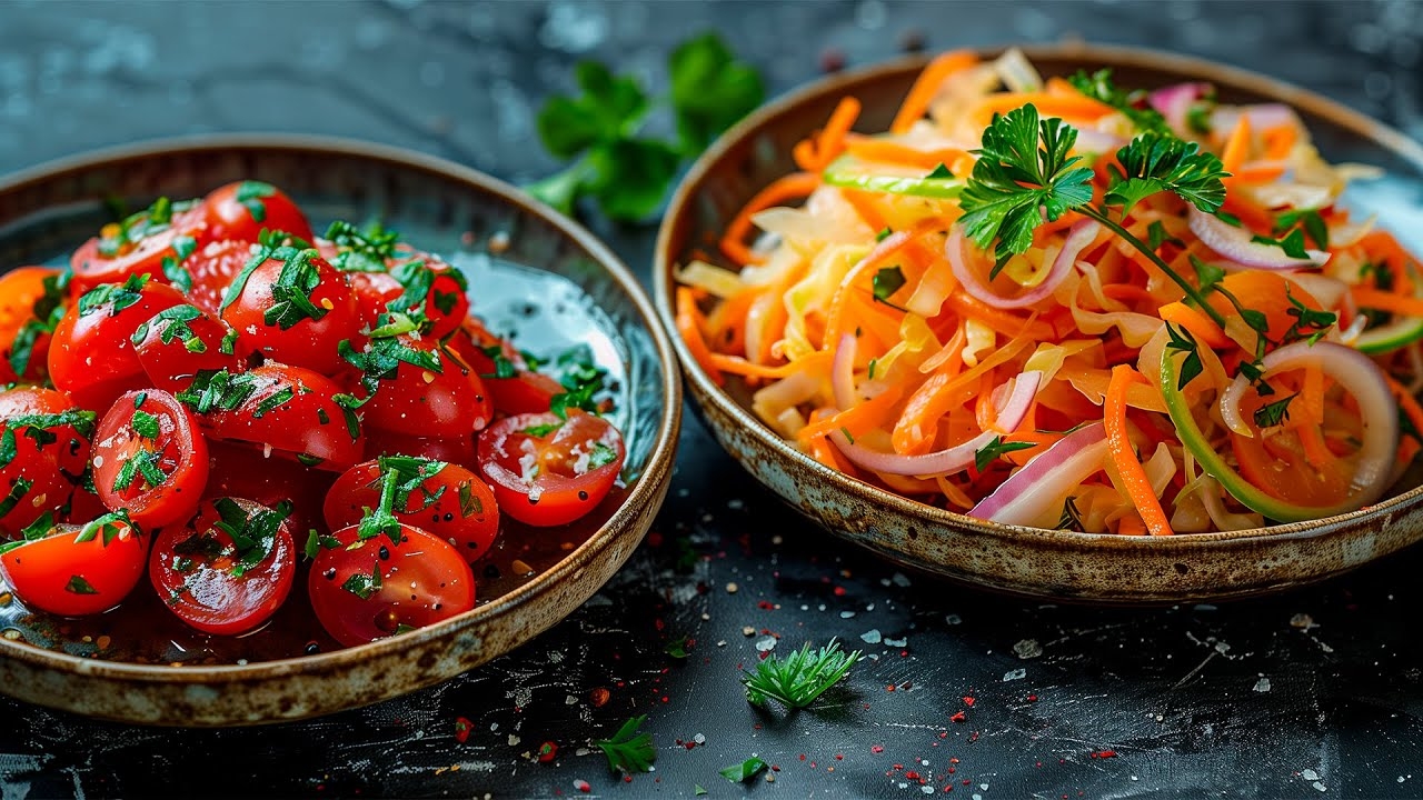 Два салата к шашлыку. Рецепт вкусных салатов.