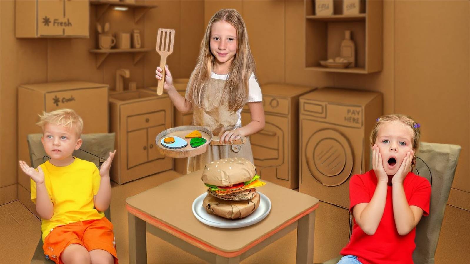 Настя и ее друзья внутри картонного домика Челлендж