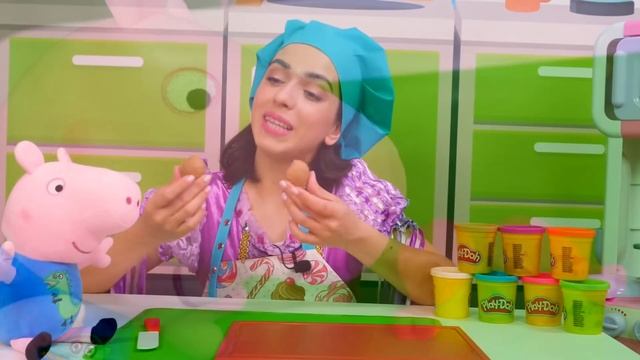 Готовлю игрушкам! Пюре с куриными котлетами. Игрушки Свинка Пеппа и игра в готовку из Плей До