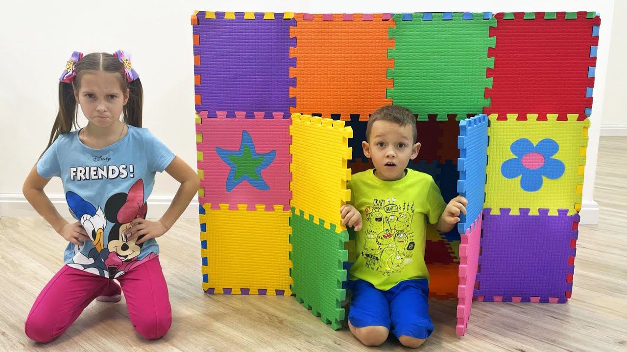 Sofia and Max Playing with Colored Toy Blocks and build Playhouse for kids