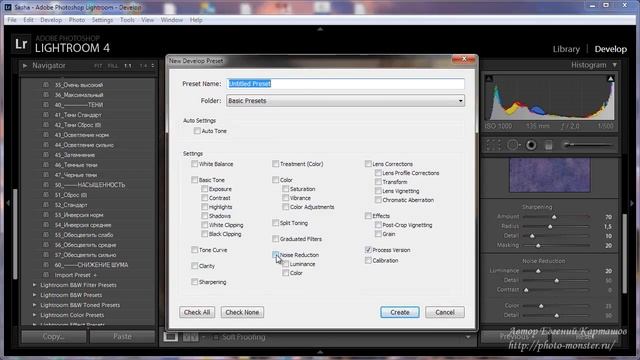 Создаем пресет для удаления шума Lightroom