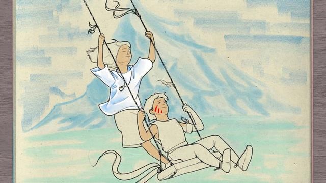 Процесс рисования картинки по комиксу "Дары бродячих льдов". Детишки, качели, тающий айсберг на фоне