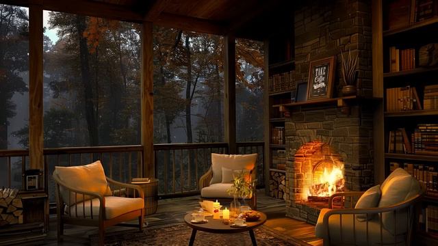 Soft Jazz in Cozy Cabin Balcony Ambience on Rainy Day 🌧️ Rain & Fireplace Sounds to Chill Out